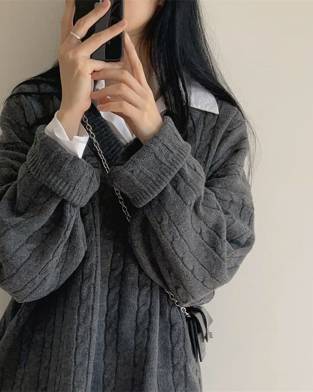 V-neck Mid-length Sweater Thick Long-sleeved Knitted Top