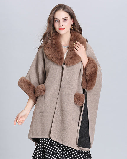 Ladies Fur Collar Lapel Pocket Wool Cardigan Jacket