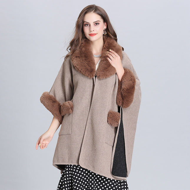 Ladies Fur Collar Lapel Pocket Wool Cardigan Jacket