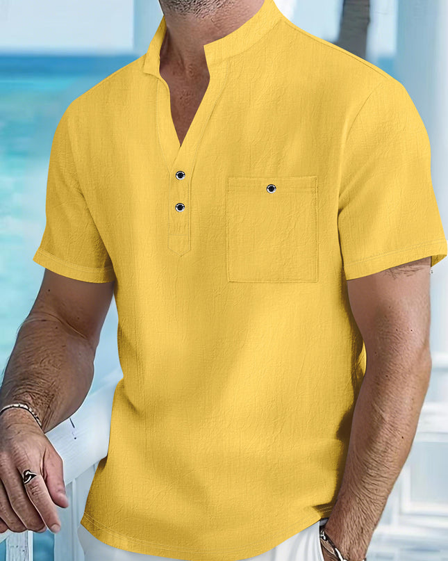 Stand Collar T-shirt Linen Short Sleeve Shirt Men