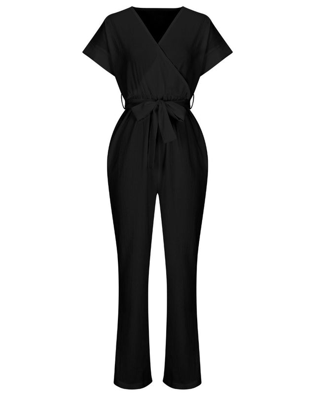 Women's Short-sleeved V-neck Pocket Jumpsuit