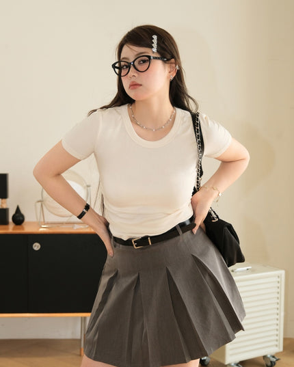 Plus Size Pleating Midriff Outfit High Elastic Bottoming Shirt Short Sleeve T-shirt