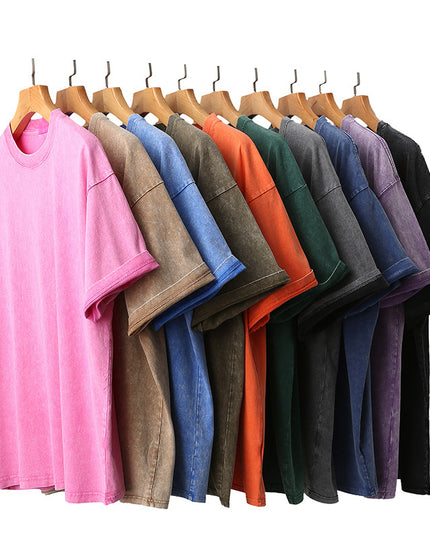 Cotton Heavy Distressed Drop Shoulder Retro Loose Short Sleeve