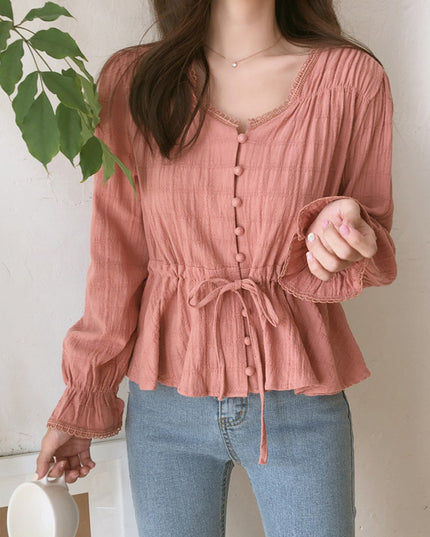 Loose And Sweet Solid Color Long-sleeved Waist Top