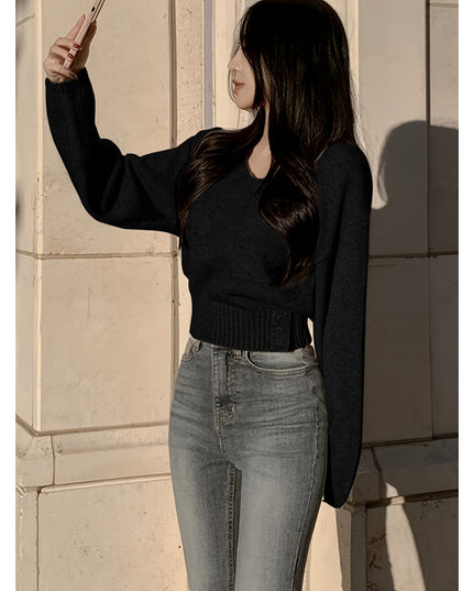Solid Color And V-neck Side Buckle Waist Slimming Versatile Spring Top