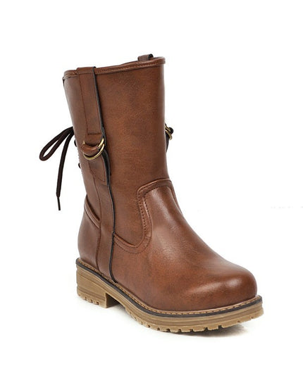 Lace-up round toe low-heel square heel boots
