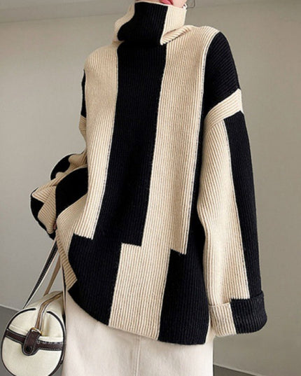 Idle Style Turtleneck Pullover Black And White Striped Sweater For Women