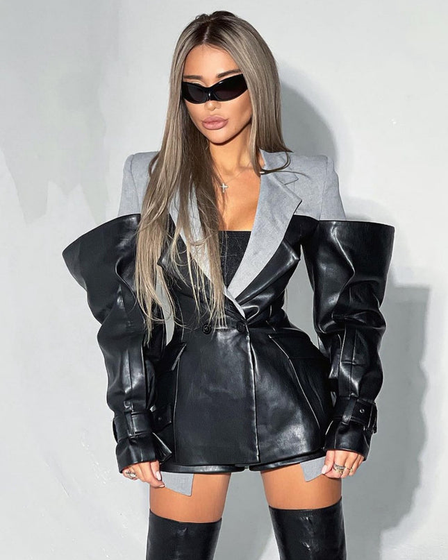 Leather Stitching Suit Jacket For Women Autumn And Winter New Advanced