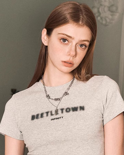 Fuzzy Letter Slim Fit Short T-shirt For Women