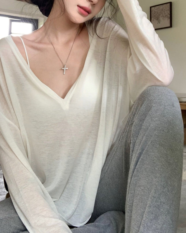 Women's Slim-transparent V-neck Long-sleeved Loose Sun Shield Casual Top