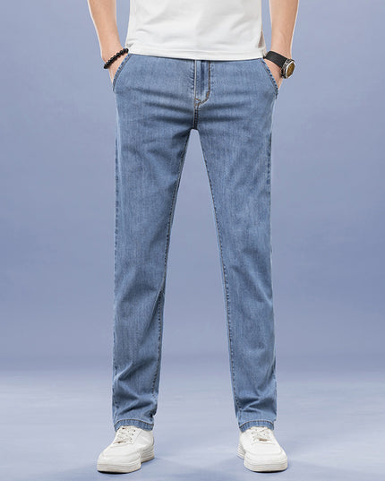 Men's Loose Elastic Jeans Straight Solid Color Casual Trousers