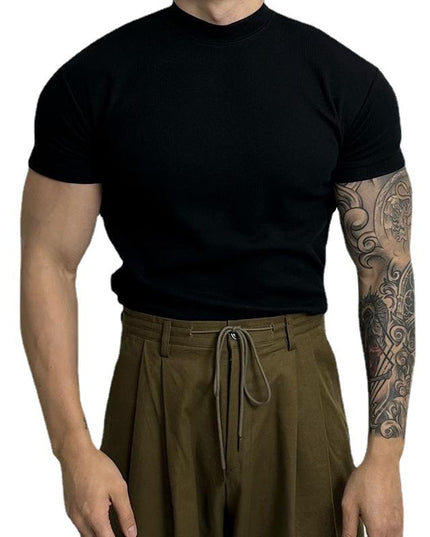 Men's American-style Pure Color Half Collar Thread Stretch T-shirt Top