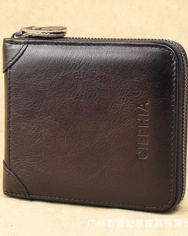 Men's Wallet Leather Short Anti-theft Swiping Zipper Multifunctional