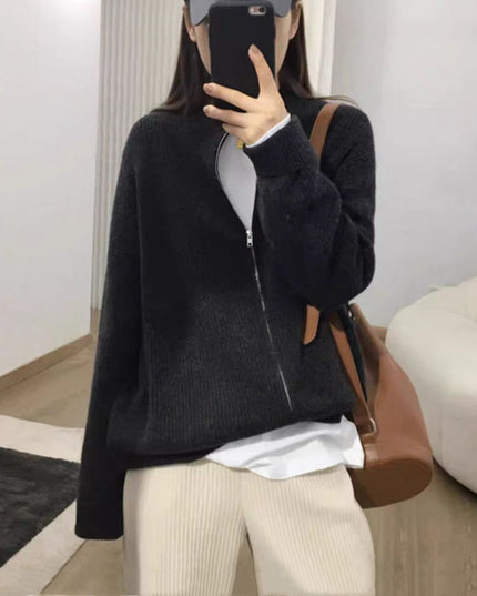 New Outdoor Idle Style Solid Color Zipper Knitted Cardigan Top
