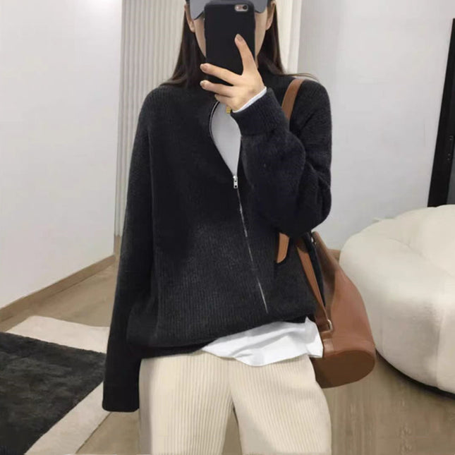 New Outdoor Idle Style Solid Color Zipper Knitted Cardigan Top