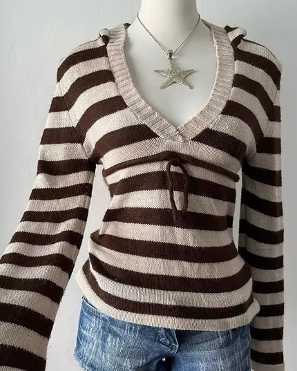 Women's V-neck Stripes Pullover Sweater
