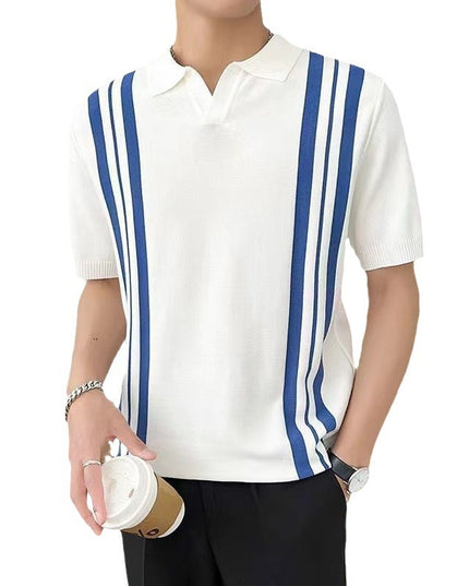 Men's Mixed Color Stripe Slim Lapel T-shirt