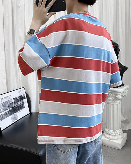 Striped Short-sleeved T-shirt Boys Hong Kong Style Couple Half-sleeved Ins Bottoming Shirt