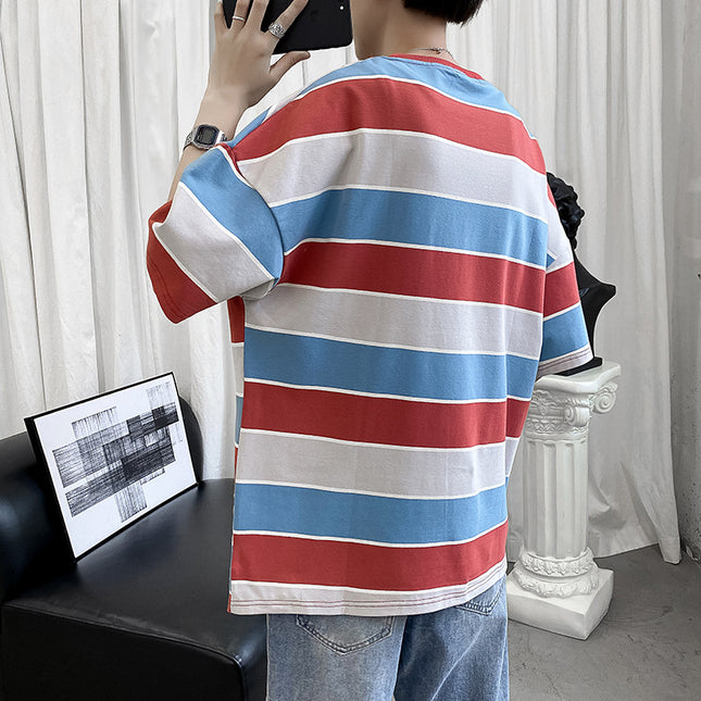 Striped Short-sleeved T-shirt Boys Hong Kong Style Couple Half-sleeved Ins Bottoming Shirt