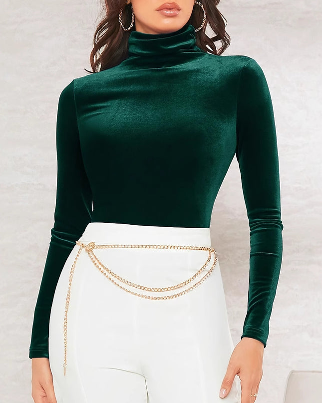 Women's Velvet Turtleneck Top Solid Color Long Sleeve Elegant Slim T-shirt
