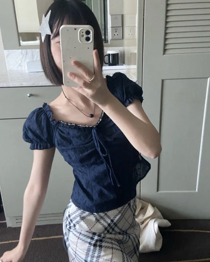 V-neck Lace Puff Sleeve Niche Shirt Short Sleeve