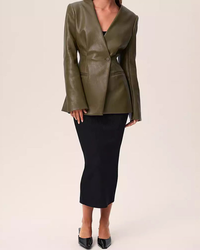 Fashionable Elegant Green V-neck Slim Suit Leather Coat