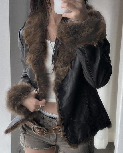 American Street Loose Fur Collar Leather Coat