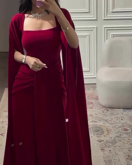 Elegant Burgundy Square - Neck Cape  Maxi Dress