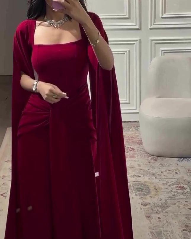 Elegant Burgundy Square - Neck Cape  Maxi Dress