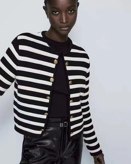 Buckle Striped Classic Style Knitted Cardigan Sweater Short Coat