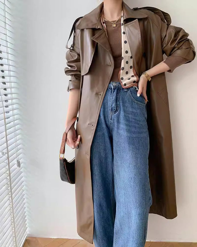 Retro Women's Mid-length Waist Slimming Pu Coat