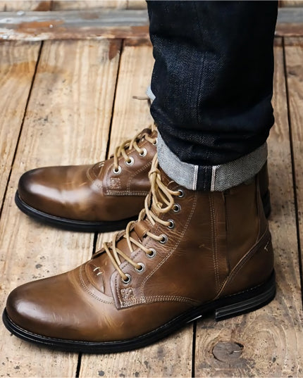 Men Cowboy Boots Retro Lace-up Martin Boot Round Toe Low Heel Shoes