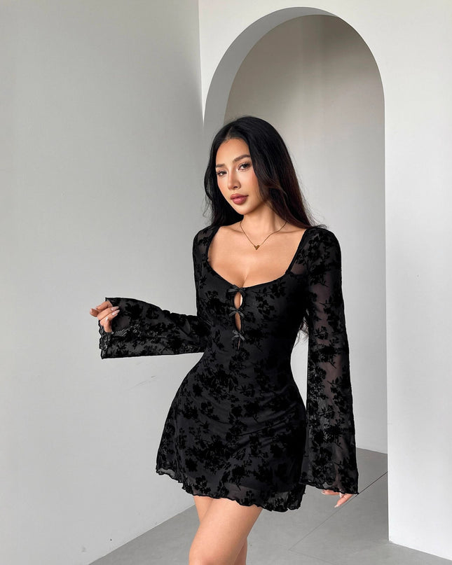Women's Flocking Long Sleeve Floral Hollow Bow Dress