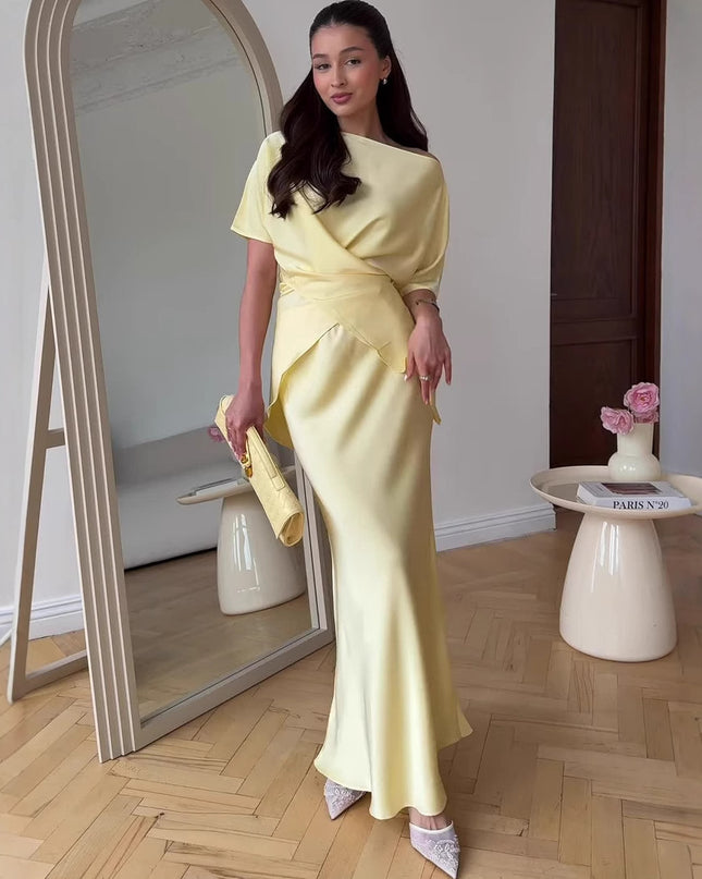 Short Sleeve Tied Top & Maxi Mid-length Dress Set