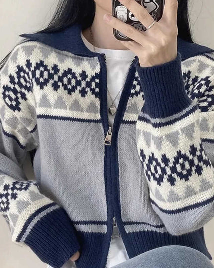 Lapel Contrast Color Jacquard Long Sleeve Zipper Sweater Coat For Women