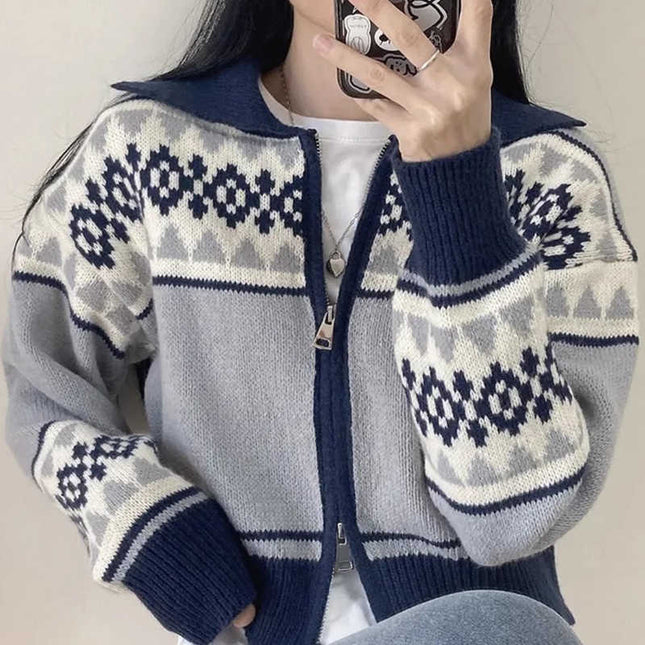 Lapel Contrast Color Jacquard Long Sleeve Zipper Sweater Coat For Women