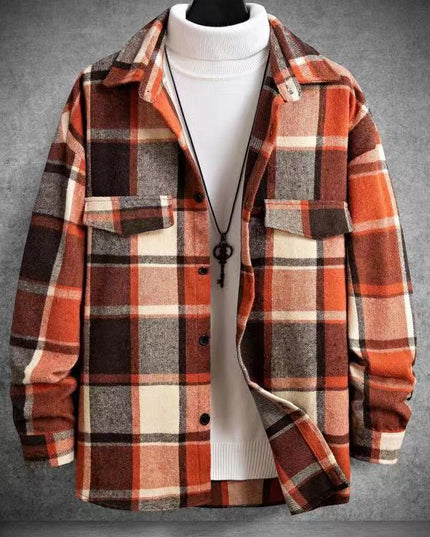 FallWinter Slim Brushed Plaid Long Sleeve Flannel Shirt Men
