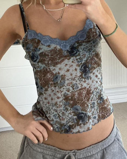 Floral Print Vest Lace Print Top For Women