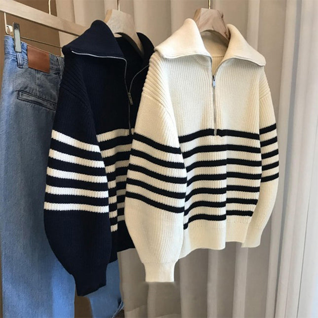 Lapel Half-open Zipper Contrast Color Striped Pullover Sweater