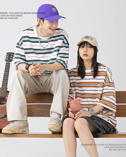 Men's Retro Contrast Color Striped Loose All-match Short Sleeve