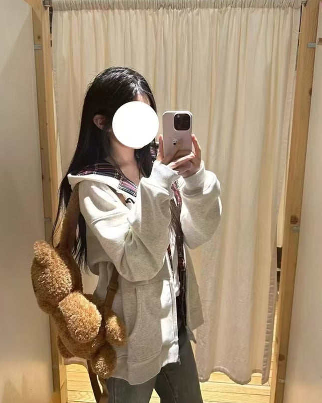 Retro Plaid Hooded Sweater For Women Fleece-lined