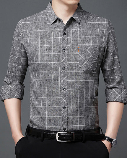 Linen-like Plaid Long-sleeved Shirt For Middle-aged Men