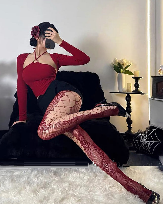 Black Side Grid Rose Flower Fishnet Stockings Female