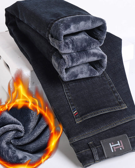Fleece Padded Jeans Men's Straight Slim Elastic Thickening