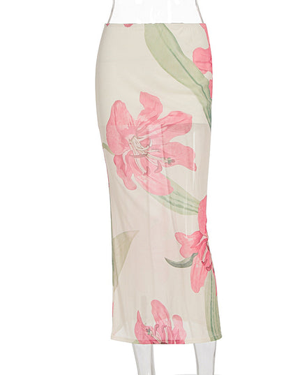 Dopamine Beach Vacation Pure Desire Style Printed Mesh Sheath Skirt