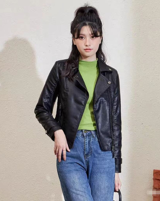 Women's Pu Motorcycle Leather Short Korean Slim Fit Plus Size