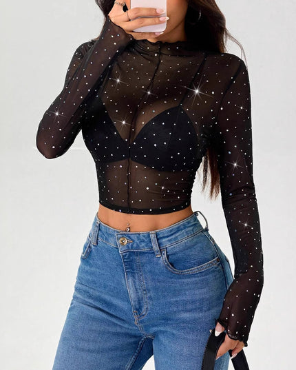 Stand-up Collar Long-sleeved Mesh Transparent Sequined Decorative T-shirt Top