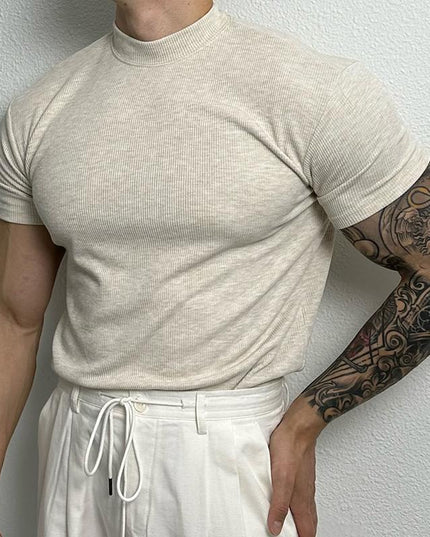 Men's American-style Pure Color Half Collar Thread Stretch T-shirt Top