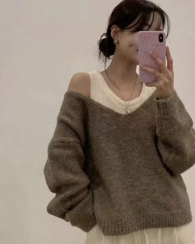 Bandage Dress Knitted Vest Soft Glutinous Loose-fitting Long Sleeve Sweater Two-piece Set