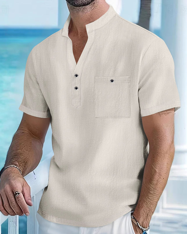 Stand Collar T-shirt Linen Short Sleeve Shirt Men